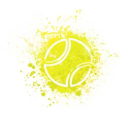 Yellow grunge ink blots splash with white outline tennis ball silhouette